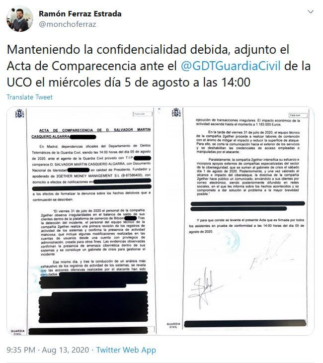 Denuncia de robo interpuesta por el presidente y fundador de 2gether en la Guardia Civil